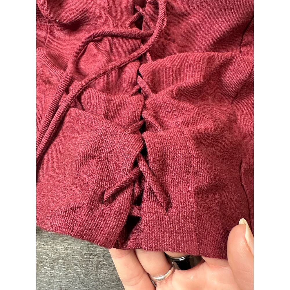 Kirious LA Burgundy Ribbed Lace-Up Crop Top Smocked Peasant Blouse Large - Picture 9 of 16